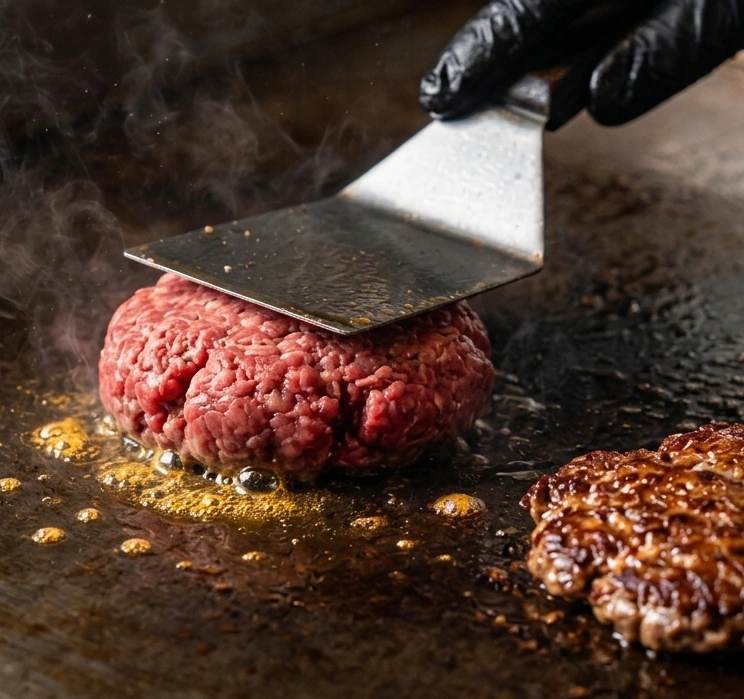 Fresh beef smashed on a hot griddle